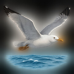 Fototapeta premium Seagull in flight over ocean waves with detailed feathers and glowing background creating serene and peaceful atmosphere