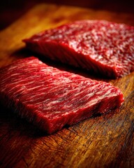 Close up of raw hanger steak cut on wooden surface