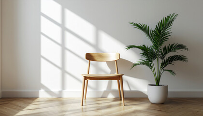 Sunlit Room Corner with Simple Wooden Chair and Leafy Indoor Plant