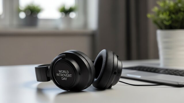 Headphones on desk with laptop and plants