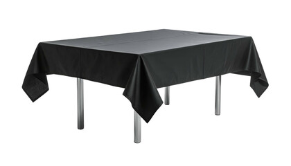 A rectangular table covered in a sleek, black tablecloth with metal legs, isolated on black