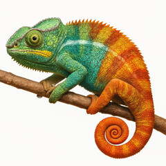 Obraz premium Colorful chameleon with vibrant green, blue, orange, and red scales clings to branch, showcasing detailed texture and natural beauty