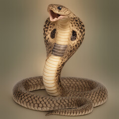 Fototapeta premium Striking cobra pose with raised hood and open mouth showing fangs, detailed scales and patterned skin on coiled body in neutral background