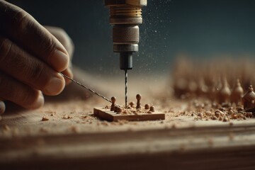 A person using a drill precisely cutting into wood dowels