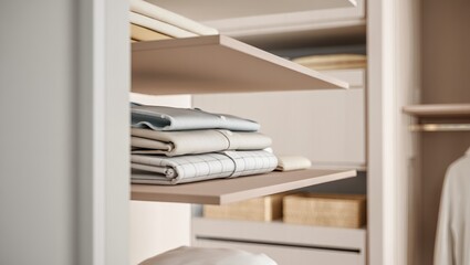 Neatly folded linens arranged on open wardrobe shelves in a neutral interior