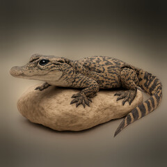 Naklejka premium Baby crocodile resting on smooth stone with detailed scales and claws, calm and natural wildlife scene in soft lighting