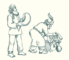 Vector drawing. Man sells a fabric on ancient market