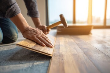 A person installing wood flooring with a hammer indoors