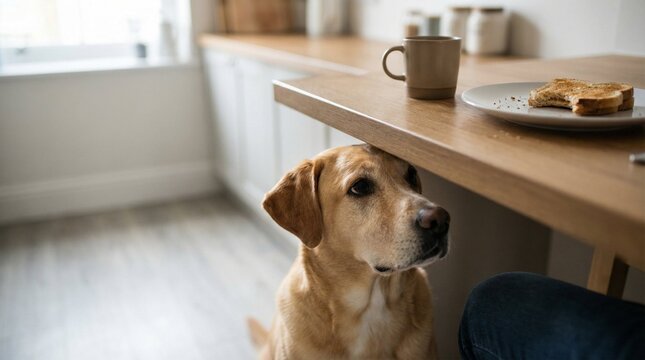 Dog waiting under the breakfast table while owner enjoys a meal
