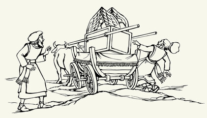 Vector drawing. The ark of the covenant being transported on a wooden cart pulled by two oxens © Marina