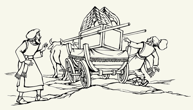 Vector drawing. The ark of the covenant being transported on a wooden cart pulled by two oxens