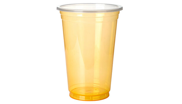 Tall, translucent orange plastic cup with a clear lid, isolated against a black background