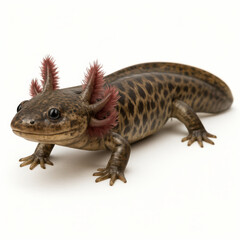 Naklejka premium Spotted amphibian with feathery external gills and smooth skin, resting on white surface showing detailed texture and natural colors