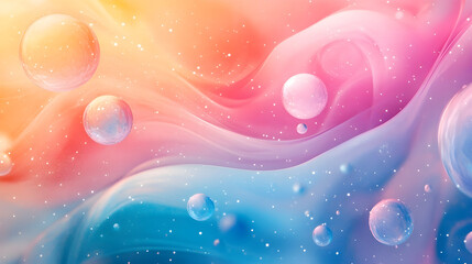 Abstract fluid waves with pastel colors and floating bubbles