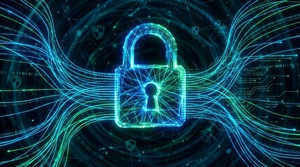 Cyber security digital padlock with glowing neon wave data protection