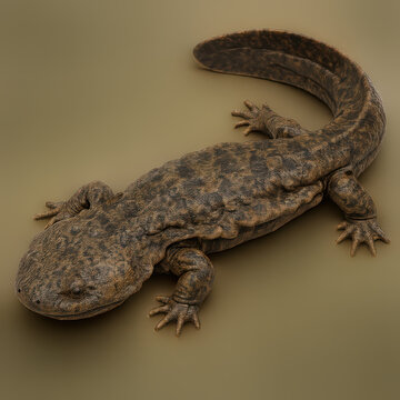 Giant salamander amphibian with textured skin and curled tail resting on neutral background in natural pose