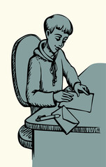Vector drawing. Boy writing letter