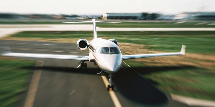 A white private jet on a runway at an airport. The aircraft is positioned for takeoff with a blurred background of grass and airport buildings. - Powered by Adobe