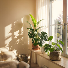 A calming indoor scene featuring tropical plants and warm natural light for lifestyle and interior themes.