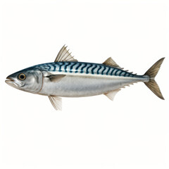 Fototapeta premium Sleek silver mackerel fish with blue striped pattern and translucent fins isolated on white background, showing detailed scales and natural texture