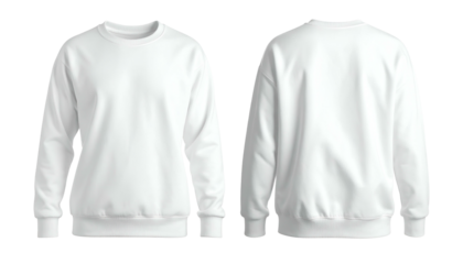 Front and back view of a plain white long-sleeved crewneck sweatshirt on a black background