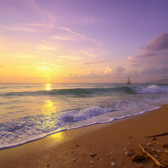 A warm and peaceful summer beach landscape captured during golden hour.