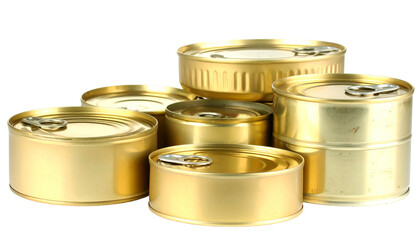 Several shiny, gold-colored metal cans, stacked and arranged, with pull-top openings visible