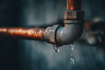 Close up of a leaking rusty copper pipe with water dripping