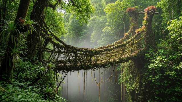 Living root bridge in lush rainforest environment