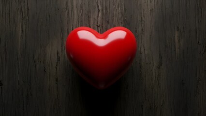 Fototapeta premium Glossy red heart shape rests on a dark wooden surface
