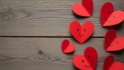 Handmade red paper hearts with happy faces on a rustic wooden background