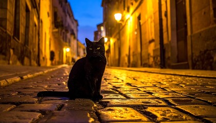 Black Cat Sitting on Cobblestone Street at Night.