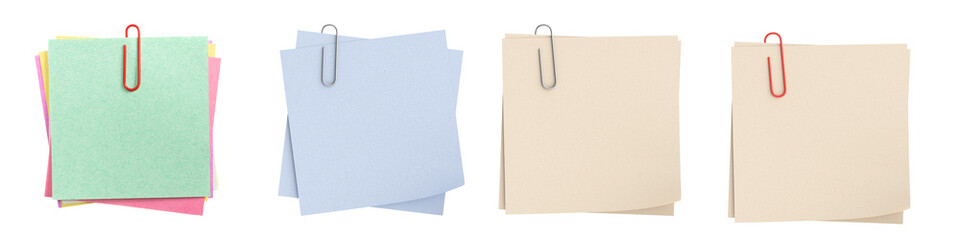 Four different color papers clipped by clips for notes and reminders  , transparent background