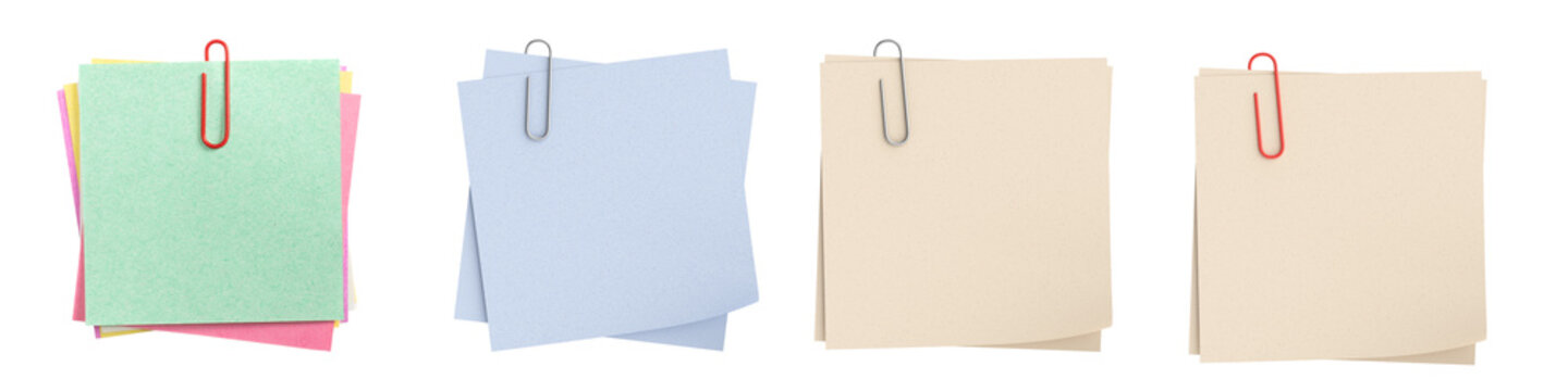 Four different color papers clipped by clips for notes and reminders  , transparent background