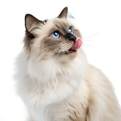 Birman cat brown and white on the white background, white cat with blue eyes in light brown and light black, dark magenta and beige, and light indigo and light beige. the cat is in exaggerated poses.