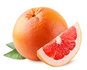 Ripe grapefruit and slice with leaves close-up on a white. Isolated