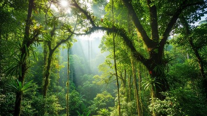 Obraz premium Lush rainforest with sunlight filtering through canopy