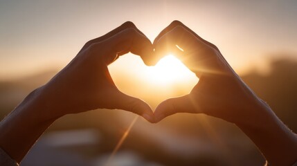 Hands forming heart shape with sunlight