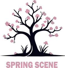 Pink heart tree illustration with flowers in a decorative nature design .