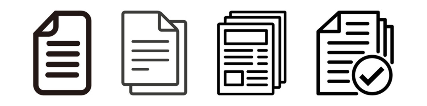 Four paper documents icon graphic in black color with different states.  , transparent background