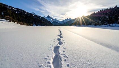Footprints in the Snow Leading to Majestic Mountains Under a Bright Sun.