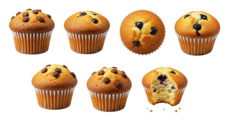 Assortment of golden brown muffins with chocolate chips and blueberries arranged on transparent background, one partially eaten showing moist crumb bakery-style breakfast or snack items