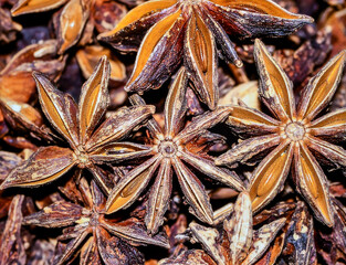 Close up star anise spice showing unique organic texture and natural food pattern