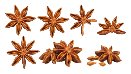 Close-up of brown star anise spice pods and glossy seeds arranged on a transparent background, showing distinctive eight-pointed star shapes and textured dried pod surfaces