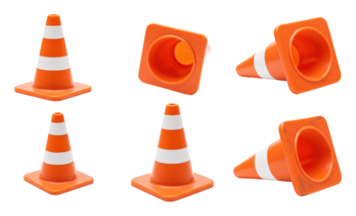 Set of orange traffic cones with white reflective stripes shown in multiple orientations on a transparent background