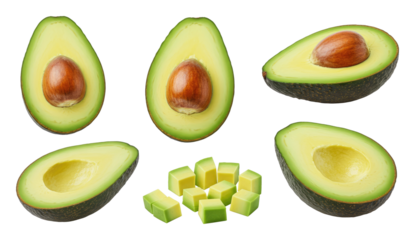 Collection of fresh avocado halves and diced avocado cubes arranged on a transparent background