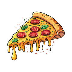Cartoon vector pizza slice with melting cheese, pepperoni, and basil leaves. Bright, fun, and delicious illustration perfect for food branding, menus, stickers, and digital designs.