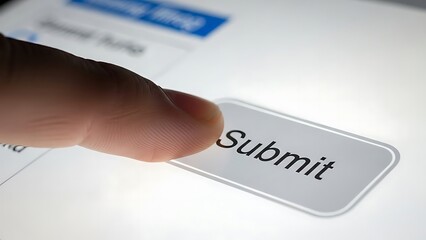 Finger Pressing Submit Button on Tablet Screen - Online Registration