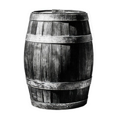 Obraz premium Vintage wooden barrel with metal bands on a black background