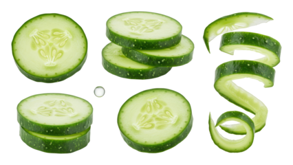 Fresh green cucumber slices and a curled peel spiral with a water droplet on a transparent background, showing round cross sections, seed patterns and stacked pieces